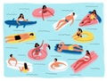 People sunbathe and swim in the pool on inflatable circles and mattresses. Men and women relax, have fun and enjoy the