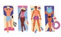 People sunbathing on a beach, vector banner.