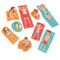 People Sunbathing and Relaxing on Beach Set, Men, Women and Kids Enjoying Summer Vacation Vector Illustration Royalty Free Stock Photo