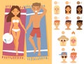 People sunshine tan beach outdoors summer suntan sun characters skin protection sunburn vector illustration.