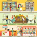 People in supermarket horizontal colorful banners set, customers shopping and buying products