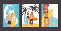 People with surfboards, vector illustration. Set of banners with cartoon characters, young surfers. Active summertime