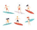 People Surfer Riding Surfboard Enjoying Summer Vacation Activity Vector Set