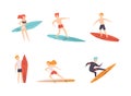 People Surfer Riding Surfboard Enjoying Summer Vacation Activity Vector Set