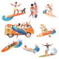 People Surfer on Surf Board Riding Moving Wave of Water Vector Set