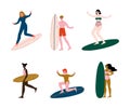 People Surfer with Surfboard Riding on Moving Wave Vector Set