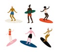 People Surfer with Surfboard Riding on Moving Wave Vector Set