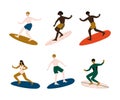 People Surfer with Surfboard Riding on Moving Wave Vector Set