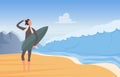 People surfing, extreme adventure on ocean coast, surfer in wetsuit standing on beach Royalty Free Stock Photo