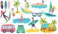 People surfing on summer vacation, set of stickers, vector illustration