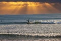 People surfing in vast blue ocean water with waves rolling into the beach with clear blue sky at sunset Royalty Free Stock Photo