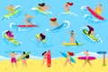 People surfing vector illustration set, cartoon flat man woman active surfer character surfing, riding wave, stand or