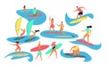 People surfing, windsurfing, vector illustration, flat style, surfers characters isolated on white, extreme water sport.