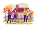 People are sweeping the fallen leaves of autumn. vector illustration