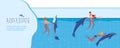 People swim with dolphins vector illustration, cartoon flat swimmer characters playing and swimming with aquatic dolphin Royalty Free Stock Photo