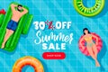 People swim on inflatable tous in swimming pool, top view vector illustration. Summer sale banner design template