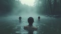 People swim in the lake in the rain. A group of people swim in a river in foggy weather Royalty Free Stock Photo