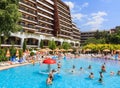 People swim in pool of hotel Flamingo Grand Hotel at summer. Albena, Bulgaria