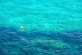 People swimm and snorkeling inside paradise clear torquoise blue water in Favignana island, Bue Marino Beach, Sicily Sout