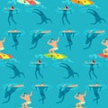 People swimming and diving ocean. Summer time on beach exotic vintage seamless vector pattern