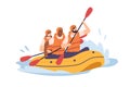 People swimming in inflatable boat, rowing with paddles. Team of men and woman in helmets traveling on lake or river