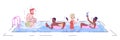 People in swimming pool flat vector illustration. Friends fun, jumping in water. Girls relax in safety rings with Royalty Free Stock Photo