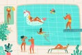 People swimming pool. Persons relaxing summer pool swim diving jump sunbathing loungers party resort colorful flat Royalty Free Stock Photo