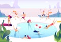 People at swimming pool. Persons swim dive in summer pool relaxing sunbathing family women men water games summer party