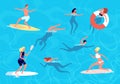 People swimming. Summer swim, woman man in vacation. People in sea or ocean, surfing and relaxing in water. Swimmers Royalty Free Stock Photo