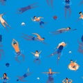 People swims in swimming pool performing water activities seamless pattern. Active man, woman and children wearing Royalty Free Stock Photo