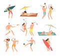 People in swimsuits in sea beach vecation. Relaxing woman and man vector characters Royalty Free Stock Photo