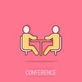 People with table icon in comic style. Teamwork conference cartoon vector illustration on isolated background. Speaker dialog Royalty Free Stock Photo