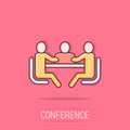 People with table icon in comic style. Teamwork conference cartoon vector illustration on isolated background. Speaker dialog Royalty Free Stock Photo