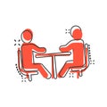 People with table icon in comic style. Teamwork conference cartoon vector illustration on white isolated background. Speaker Royalty Free Stock Photo