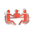 People with table icon in comic style. Teamwork conference cartoon vector illustration on white isolated background. Speaker Royalty Free Stock Photo