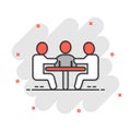 People with table icon in comic style. Teamwork conference cartoon vector illustration on white isolated background. Speaker Royalty Free Stock Photo