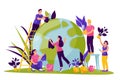 People take care of planet. Vector illustration for Save the Earth Day. Environment, ecology, nature protection concept Royalty Free Stock Photo