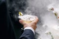 People take the glasses of champagne pyramid. close-up