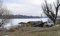 People take out trapped boat from the frozen Danube river