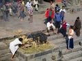 People take part in traditional cremation ceremony at the Pashupatinath temple on the Bagmati River bank in Kathmandu, Nepal.