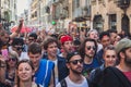 People taking part in Mayday parade in Milan, Italy