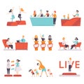 People taking part in a TV show set, entertainment, culinary, fashion, fitness shows on TV vector Illustrations on a