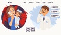 People talking, mom consult online doctor vector illustration. Worried woman hold child with fever and tell symptom