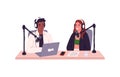 People talking while recording podcast in audio studio with headsets and microphones. Radio broadcast of interview. Host Royalty Free Stock Photo