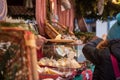 People Tasting Traditional Cheese Sold In A Christmas Market Royalty Free Stock Photo