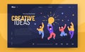 People team celebrate. Business landing. Creative idea. Excited men and women jumping with light bulb. Advertisement for