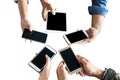 People in team harmonious hand with mobile meeting isolate. Royalty Free Stock Photo