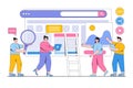 People team work together on Searching Engine Optimizing SEO browsing concept with people character. Outline design style minimal