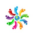 People team work together union colorful people healthy people circle symbol work together nine people logo with globe Royalty Free Stock Photo