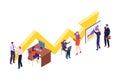 People teamwork character working office space, job improve performance and overall result 3d isometric vector